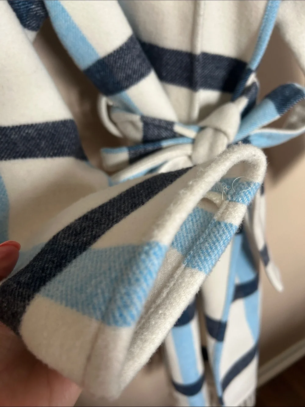 Striped Belted Fringe Multi coat in White, Light Blue & Navy (worn 2x)